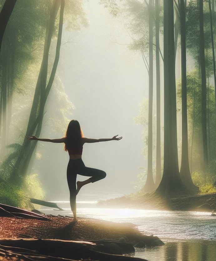 woman standing in the woods in a one-legged yoga pose